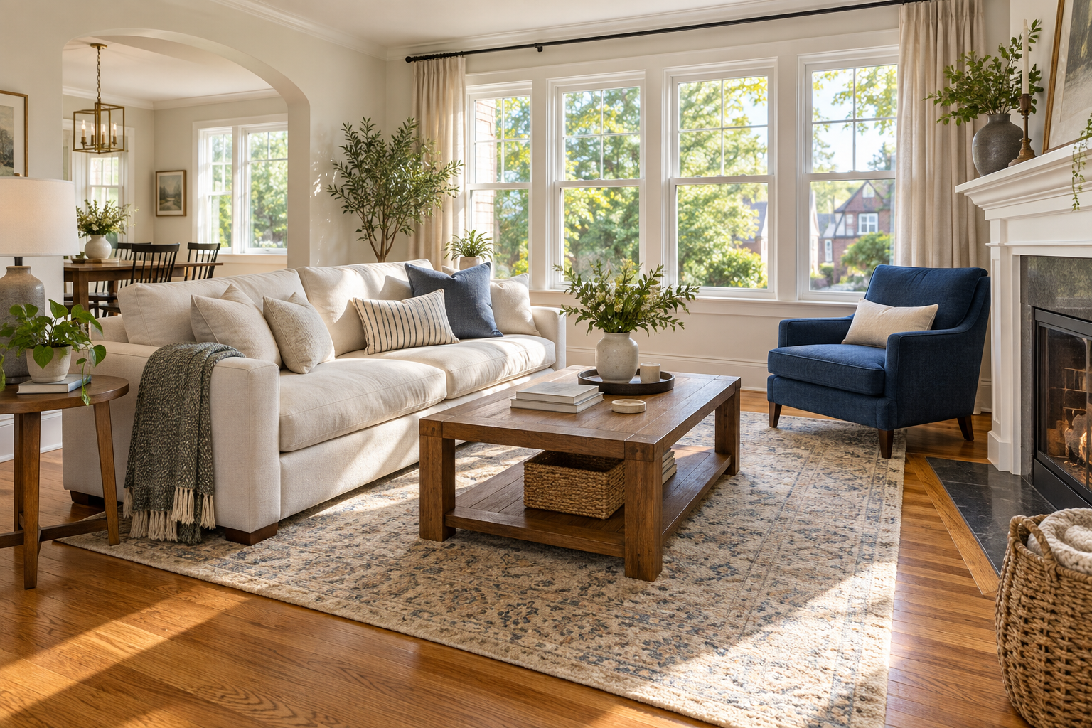 A sunlit, neatly arranged living room with oak floors and a blue accent chair